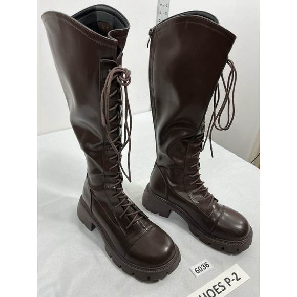 Womans Knee High Combat Boots Brown Eu 37 Us 6.5/7 Lace Up Back Zip NWOT - Picture 1 of 8